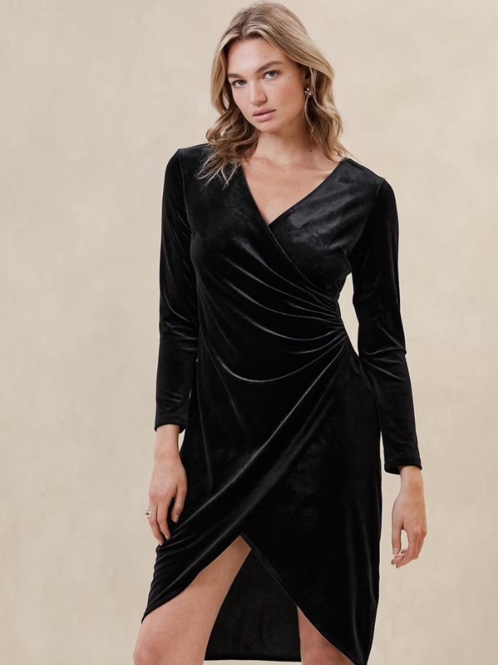 Black Velvet Wrap Midi Dress - Women's Elegant Evening Dress